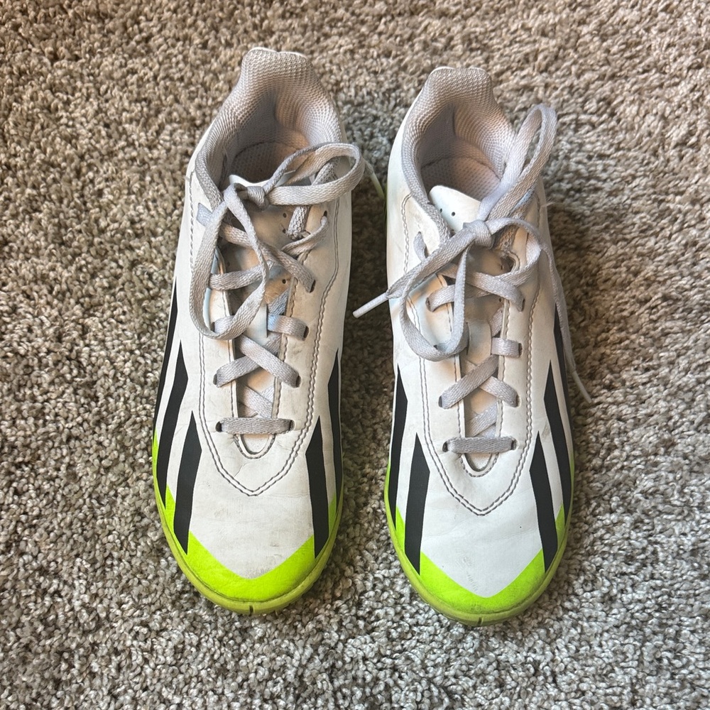 adidas Kids indoor soccer shoe White and Neon Green Sneakers